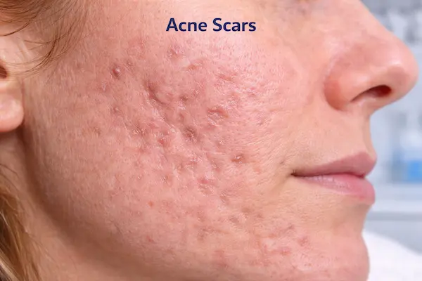 facial acne scarring on the cheek showing mixed atrophic scars with uneven texture and residual redness, photographed in a clinical dermatology setting to illustrate acne scar assessment and treatment planning.
