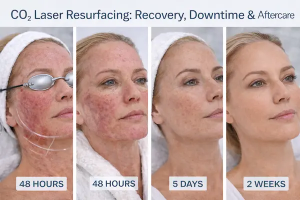 Stages of facial skin healing after CO₂ laser resurfacing, showing recovery progress from early redness to improved skin texture.