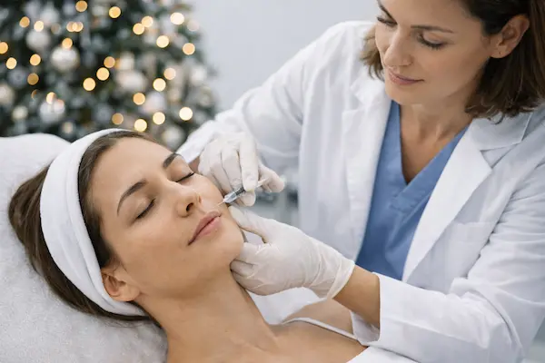 Top 5 Christmas Glow Treatments in London 1 Dermatologist performing a festive-season skin rejuvenation treatment in a modern London clinic with subtle Christmas decor.