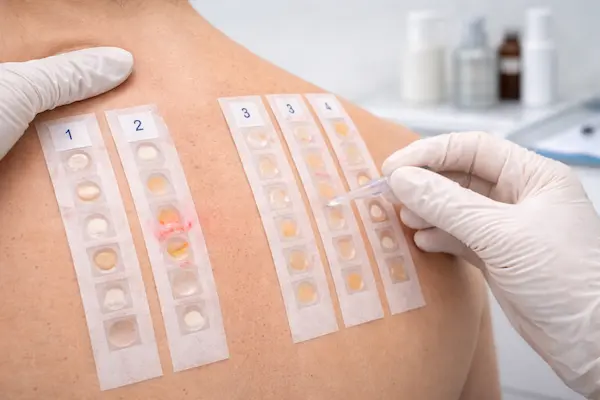 Close-up of allergy skin patch testing on the upper back with multiple allergen strips and visible mild reactions, photographed in a clinical dermatology setting at Skinhorizon Clinic in Maida Vale to illustrate diagnostic patch testing for contact dermatitis and skin allergy assessment.