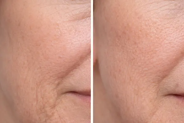 Clinical close-up image comparing facial skin texture and quality, illustrating different skin concerns relevant to polynucleotides and Profhilo treatments, used for educational dermatology content in London.