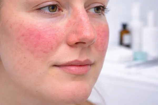 Close-up of facial rosacea with diffuse redness and visible capillaries across the cheeks and nose, photographed in a clinical dermatology setting at Skinhorizon Clinic in Maida Vale to illustrate rosacea assessment and monitoring.