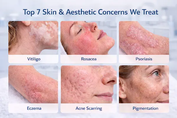 Clinical collage of common dermatology conditions including vitiligo, rosacea, psoriasis, eczema, acne scarring, and facial pigmentation, shown as close-up diagnostic skin images to illustrate the top skin and aesthetic concerns treated in a specialist dermatology clinic.