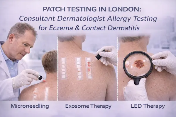 Patch Testing London 1 Close-up of allergy patch testing panels applied to the upper back with small chambers secured in place, photographed in a clinical dermatology setting at Skinhorizon Clinic in Maida Vale to illustrate consultant-led patch testing for eczema and contact dermatitis in London.